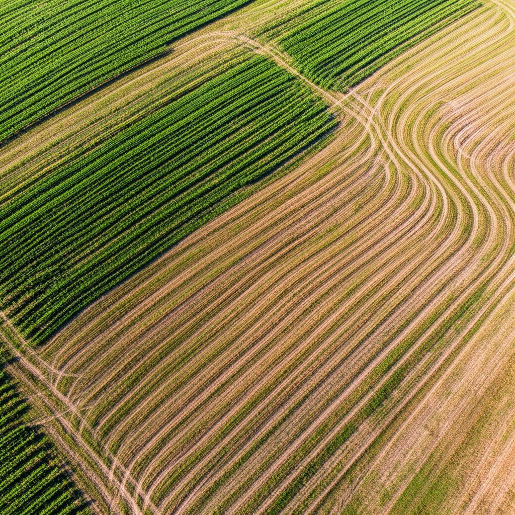 Aerial view of cultivated farmland with striped crop rows